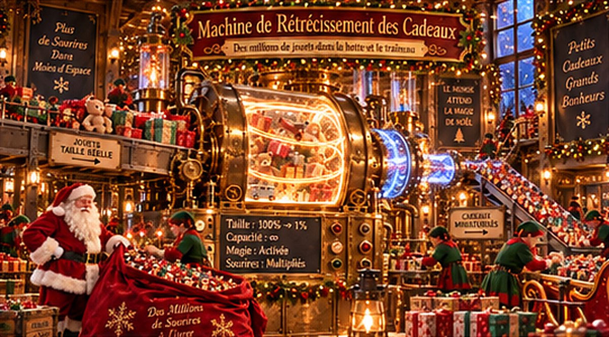 Le Père Noël devant la machine de rétrécissement des cadeaux, entouré de lutins et de paquets.