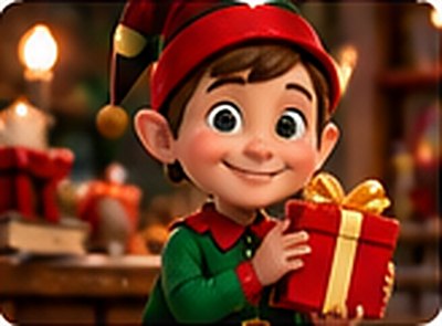 Un lutin souriant tient un cadeau