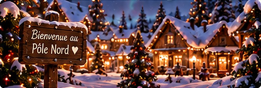 Le village du Père Noël sous la neige, avec un panneau Bienvenue au Pôle Nord