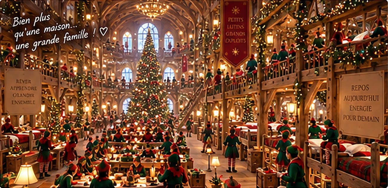 La grande salle de la villa des lutins, décorée pour Noël : Bien plus qu’une maison… une grande famille !