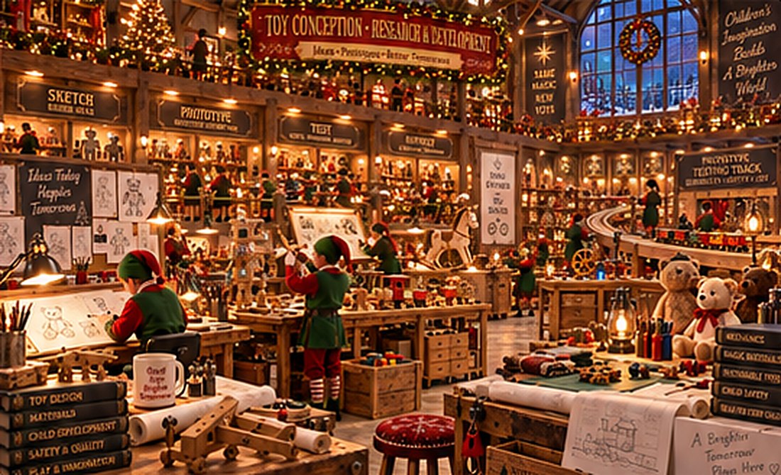 L’atelier des lutins : établis de conception, prototypes, piste de test des trains miniatures et ours en peluche