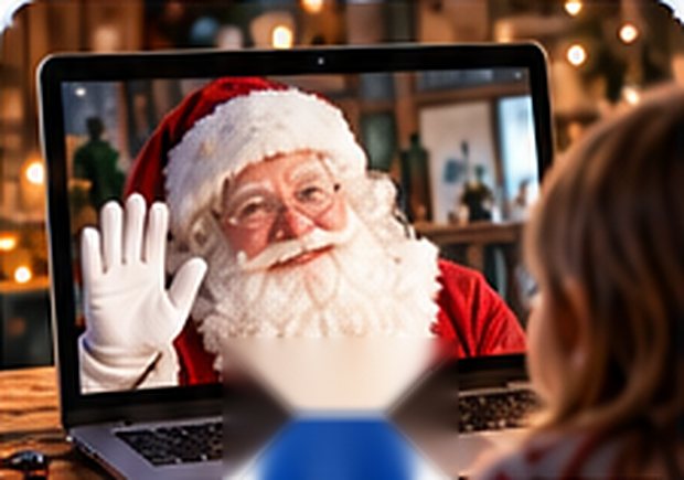 Le Père Noël salue un enfant en appel vidéo sur un ordinateur