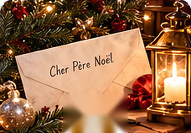 Une enveloppe adressée au Père Noël près d'une lanterne