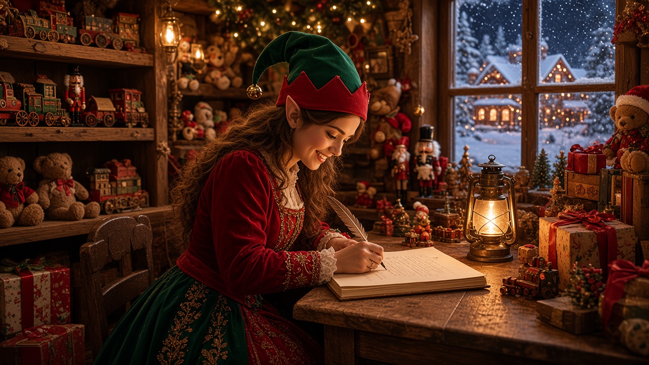 Une jeune lutine écrit une lettre dans l’atelier du Père Noël