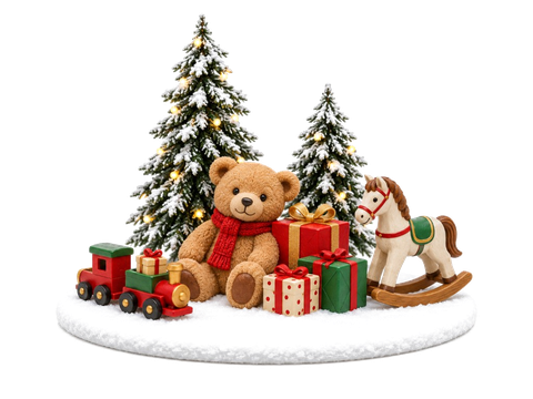 Ours en peluche, sapins enneigés, train, cheval à bascule et cadeaux